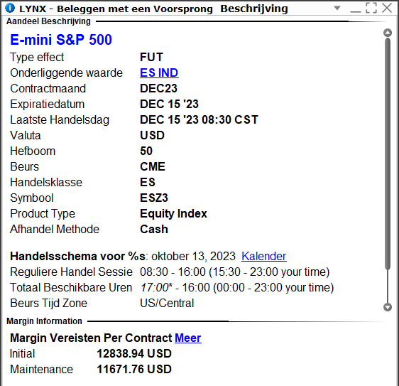 Specificaties van de ES future (S&P 500) | TWS Handelsplatform